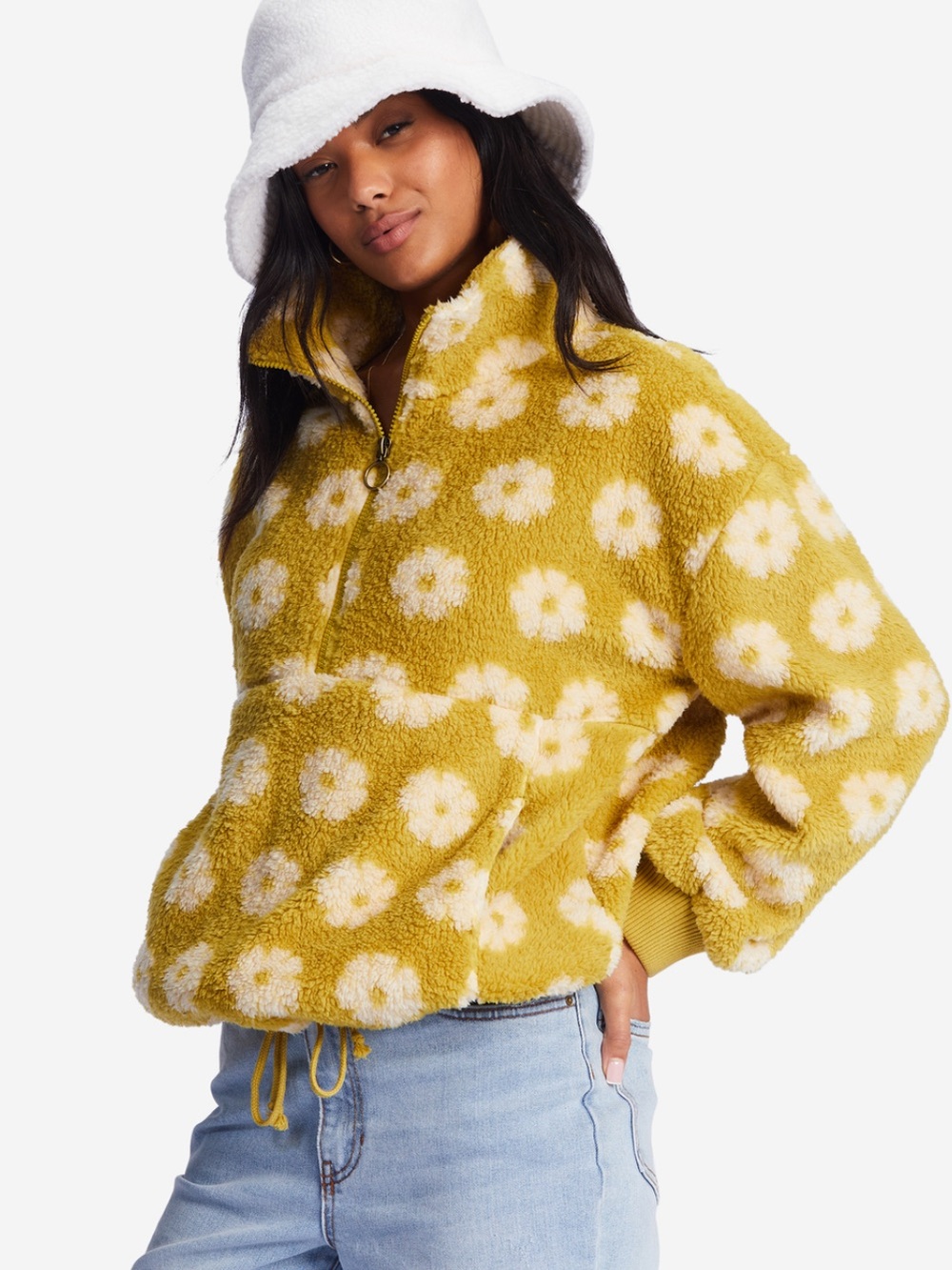 Billabong time off half zip pullover yellow and white daisy floral print XS